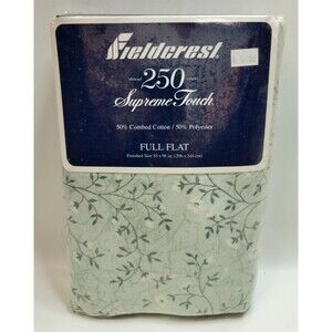 Vtg NIP Fieldcrest Supreme Touch Double Flat Sheet‎ Green Floral Savannah 250tc